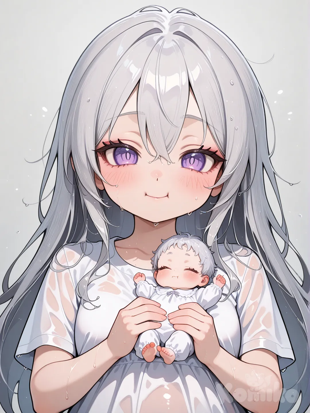 1 bébé au cheveux argenté.Ce bébé est un hybride de dragon et d'une humaine guérrisseuse, qui n'as pas de corne ni d'aille ni de queue , et qui vient de naître