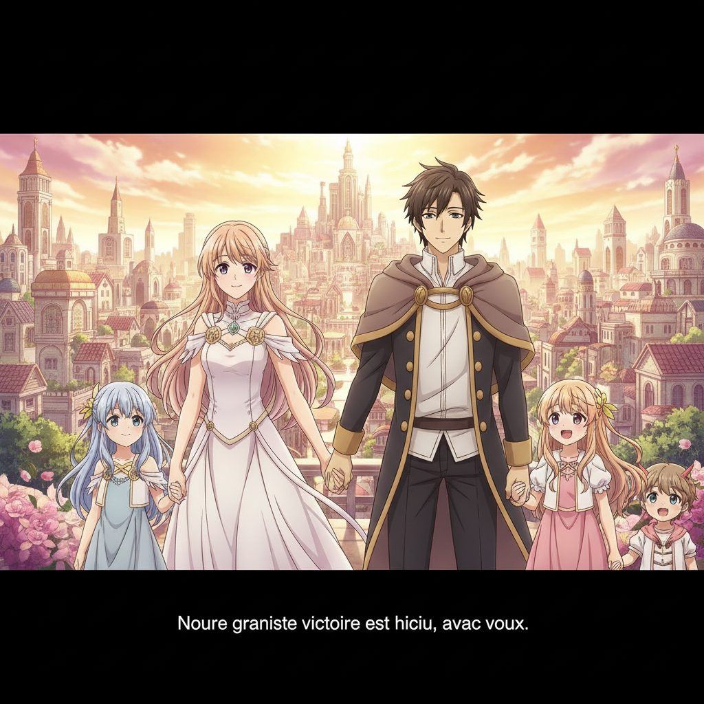 Arc 1 : Les Origines et la Fondation de valoria
L'histoire commence par un pari divin entre Kaito (Dieu de la Création) et Mirckael (Dieu de la Destruction). Pour tester la valeur de l'humanité, ils s'incarnent sur Terre : Kaito naît comme un hybride humain-dragon aux écailles dorées, tandis que Mirckael naît dans une lignée de grands épéistes.
Après s'être rencontrés et avoir réalisé leur nature divine, ils décident de fonder valoria, une cité où toutes les races peuvent coexister en harmonie.
 La vie commence à s'organiser dans la forêt, où humains et créatures apprennent à vivre ensemble sous la protection des deux héros.
 valoria devient une cité majestueuse protégée par des barrières magiques, un symbole d'espoir pour le monde.

--------------------------------------------------------------------------------
Arc 2 & 3 : Guerres, Convictions et Sacrifices
La paix est menacée par le royaume d'Asteria et le mystérieux Prophète Noir. Kaito doit apprendre à maîtriser sa fureur draconique pour protéger les siens.
 Kaito, en armure de combat, puise dans sa force intérieure sous le regard du dragon ancestral Ryujin.
Au milieu des batailles, des guerrières d'élite se lèvent pour défendre le rêve de coexistence, maniant l'acier avec une détermination royale.
 Les défenseurs d'Auralis, comme cette chevaleresse couronnée, font face aux légions ennemies avec bravoure.

--------------------------------------------------------------------------------
Arc 4 : Le Jugement Final et l'Épilogue
Le véritable test arrive avec Zarek, le Dieu de l'Équilibre, qui juge que les deux dieux se sont trop attachés aux mortels et décide de détruire la dimension. Pour le vaincre, Kaito et Mirckael réalisent une Fusion Divine pour devenir Kaickael, le Dieu de l'Harmonie.
Après la victoire, ils font un choix ultime : renoncer à leur divinité pour devenir pleinement humains et vivre auprès de ceux qu'ils aiment.
• Kaito se marie avec Lyra et ils dirigent Auralis ensemble.
• Mirckael fonde une famille avec Kira et enseigne l'escrime à l'académie.
La cité d'Auralis devient un modèle pour le monde entier, prouvant que l'amour et la compréhension mutuelle sont plus puissants que la nature divine.