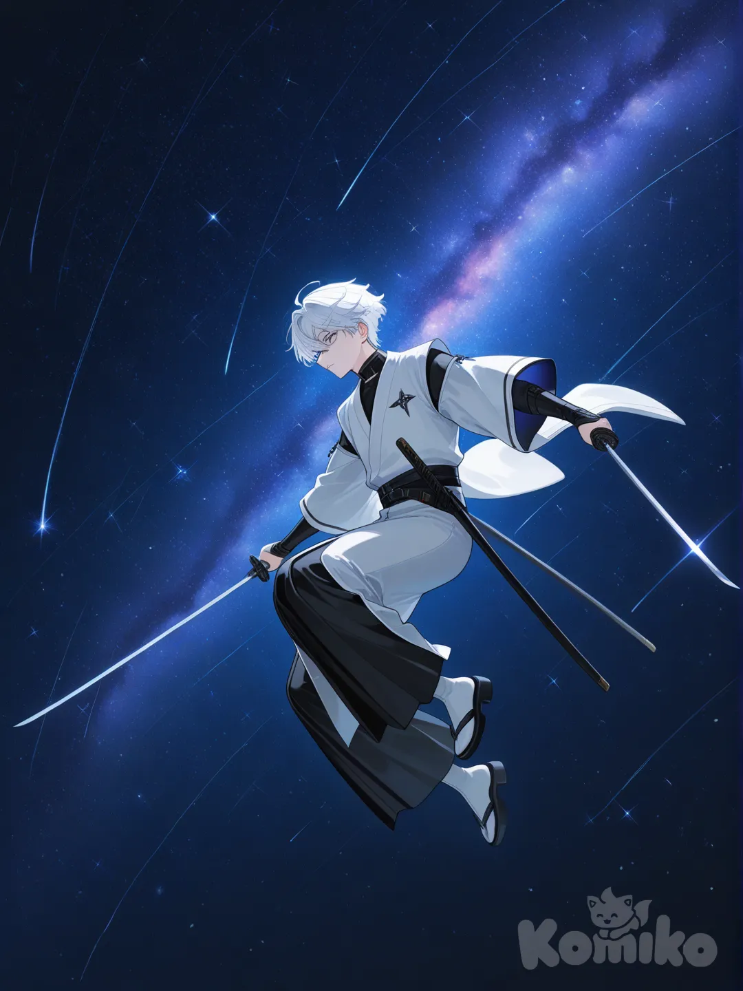 1boy, qui porte un kimono blanc noir, white hair, full body, neon lights, dans lespace, holding 2 sword
