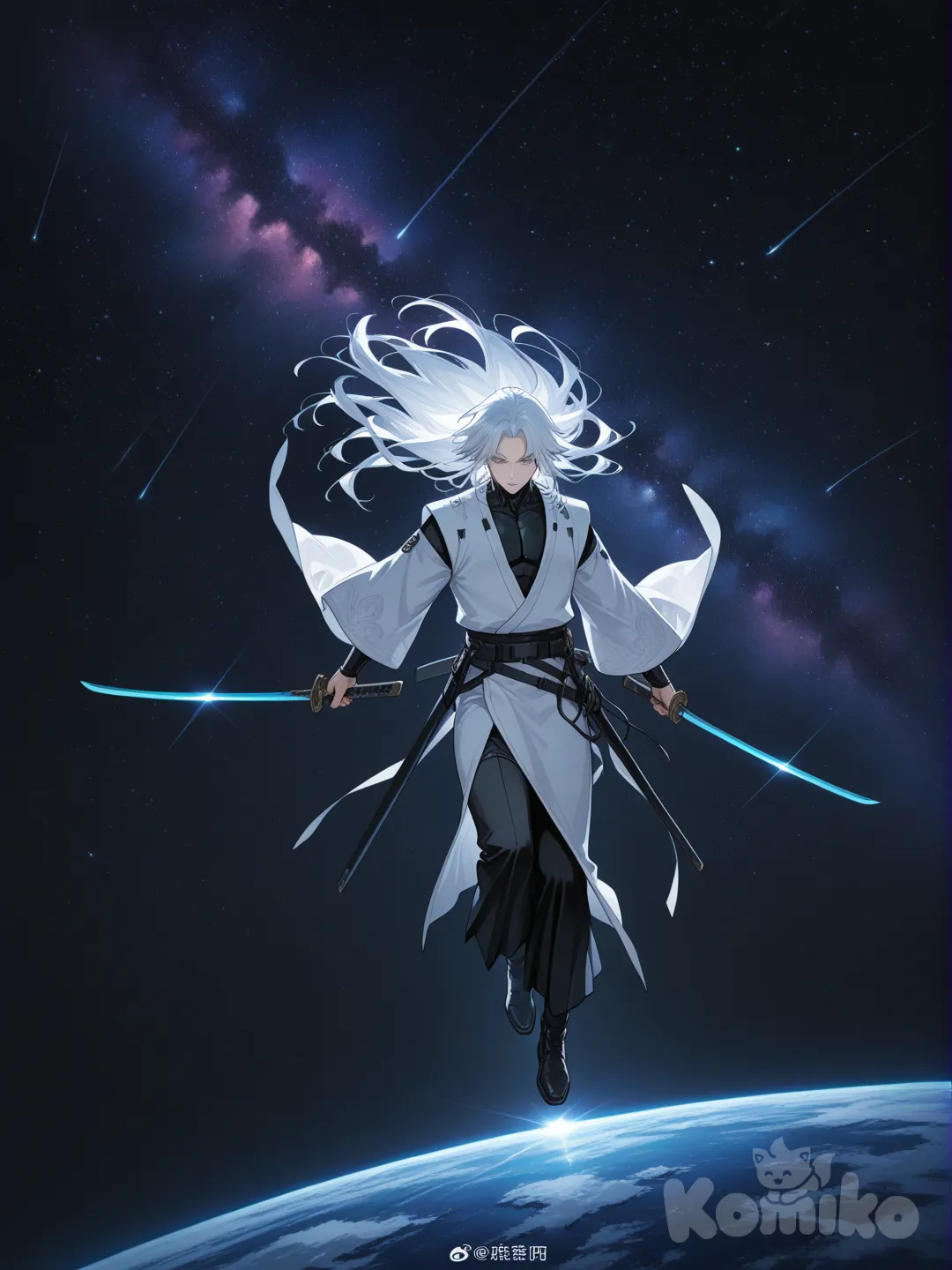 1boy, qui porte un kimono blanc noir, white hair, full body, neon lights, dans lespace, holding 2 sword