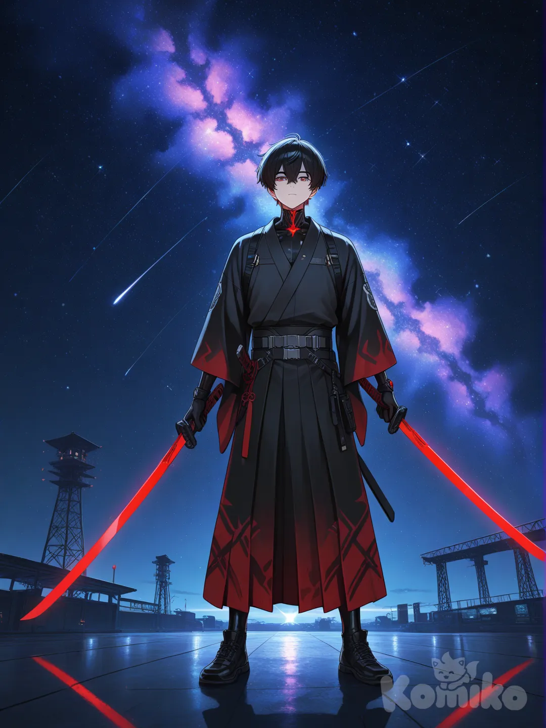 1boy, qui porte un kimono rouge noir, black hair, full body, neon lights, dans lespace, holding 2 sword red