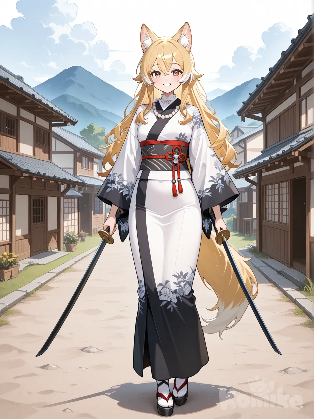 1girl demi humaine et demi louve, elle porte un kimono blanc et noir, pearls, blonde hair, white hair, full body, day, village, holding 2 sword, smile