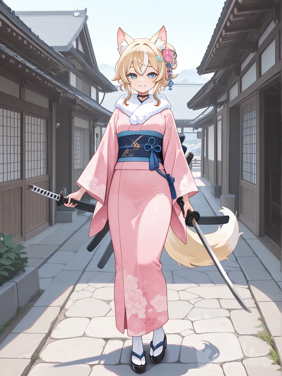 1girl demi humaine et demi louve, elle porte un kimono rose et blanc, blonde hair, whitecolored hair, full body, day, village, holding 2 sword, smile blue