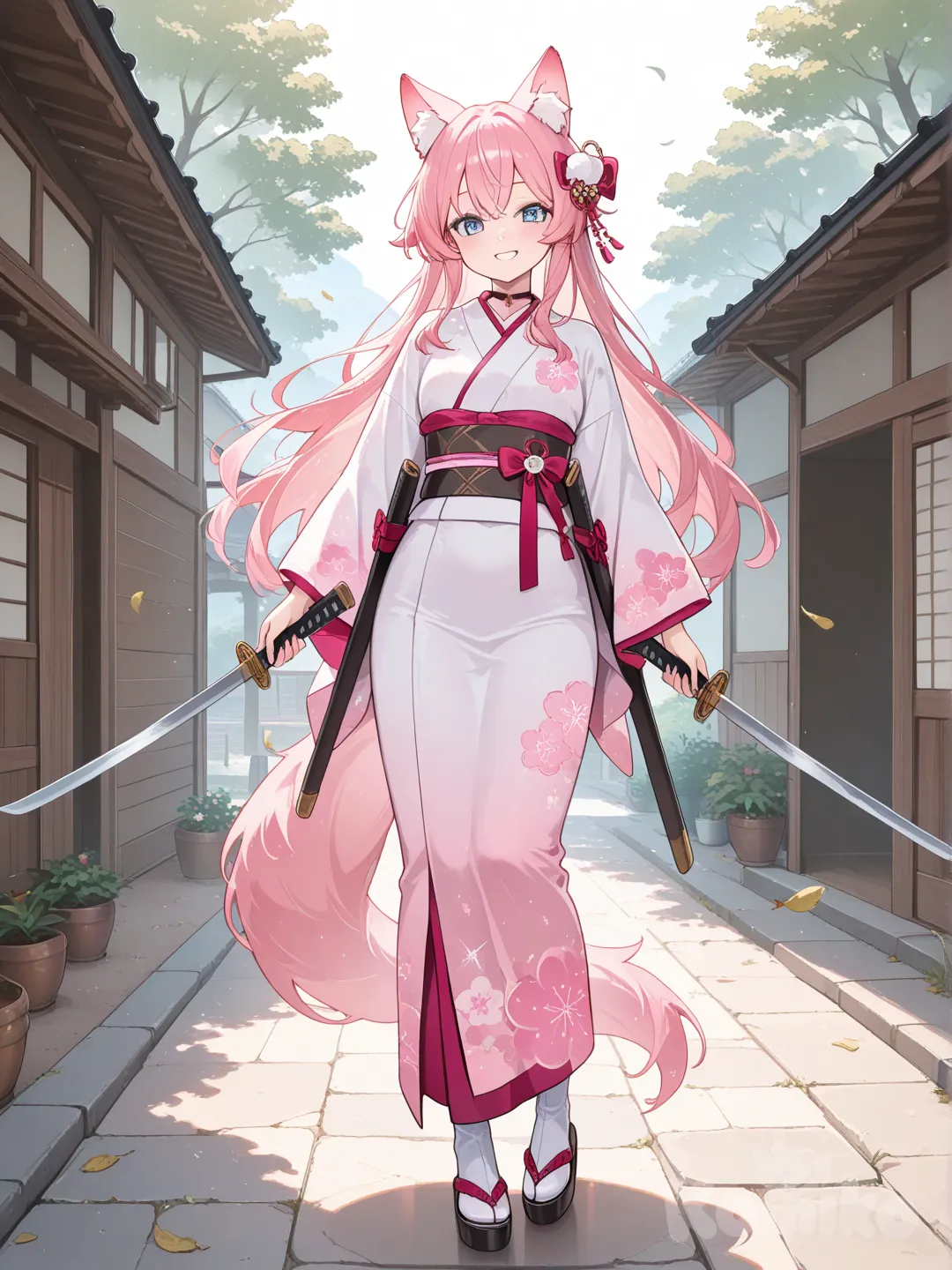 1girl demi humaine et demi louve, elle porte un kimono rose et blanc, blonde hair rose, rose colored hair, full body, day, village, holding 2 sword, smile blue
