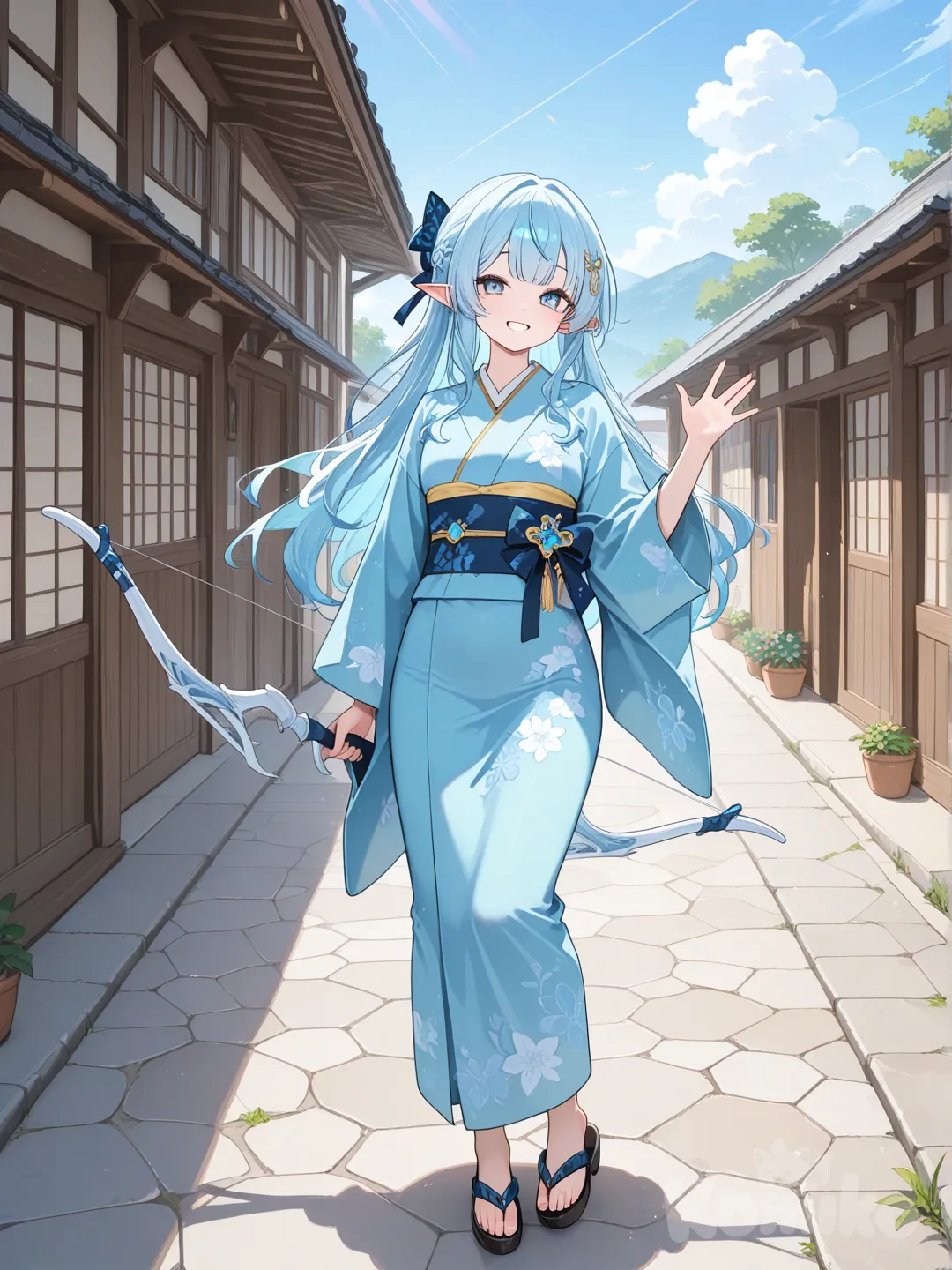 1girl elfe, elle porte un kimono bleu ciel, elle a des long cheveux bleu, hair accessory, full body, day, village, smile, waving, elle tient un arc magnifique