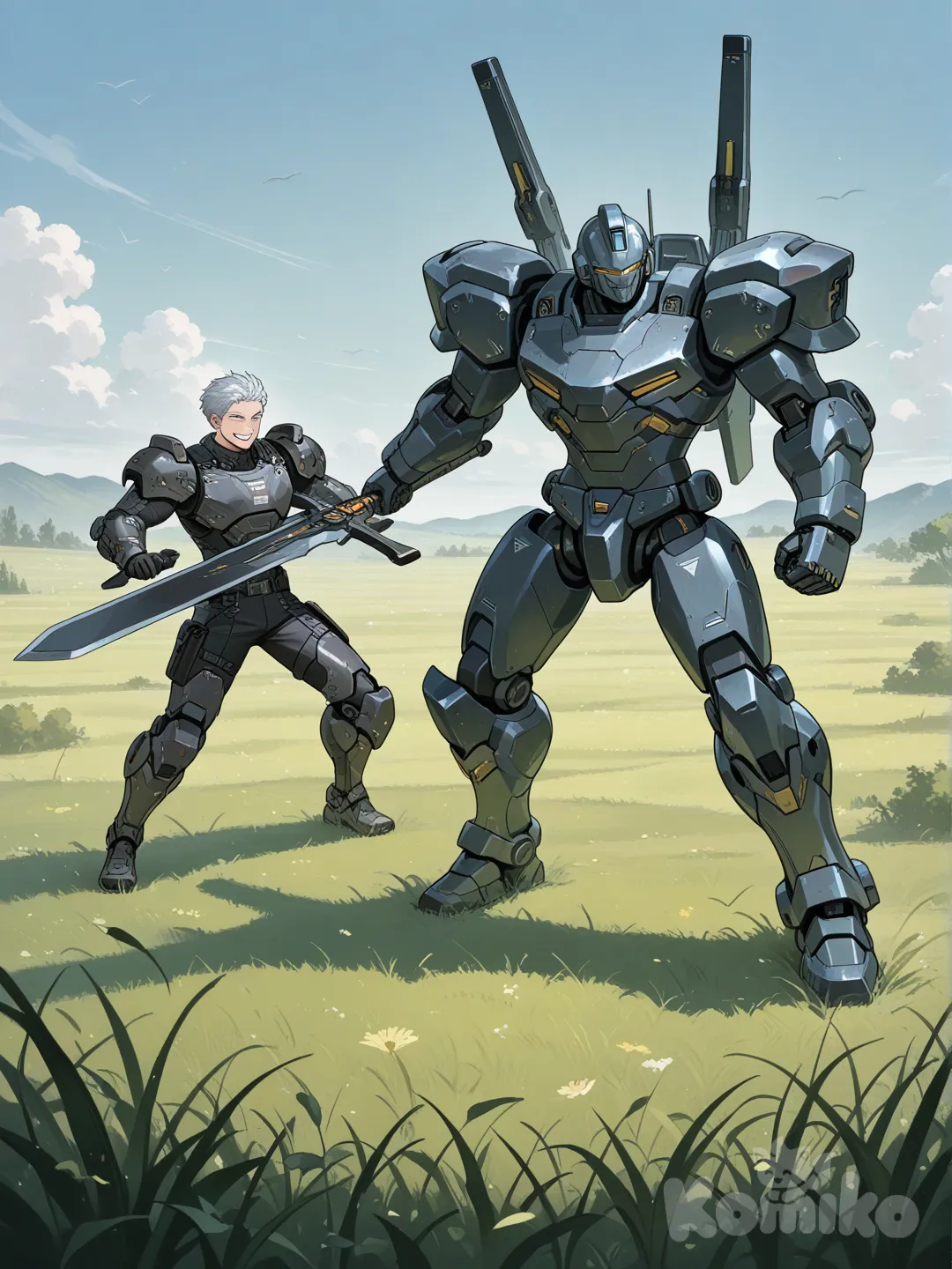 1boy, on armure robotique, il a des cheveux argenté, holding sword, full body, day, grassland, smile, il se bat avec des robots