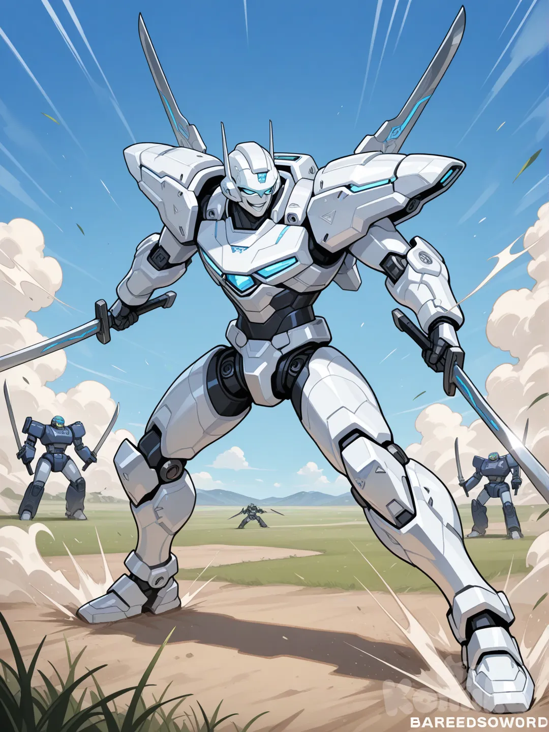 1boy, on armure robotique blanc ne recouvrant pas sa tête, il a des cheveux argenté, tenant 2 lames cortes jumelles, full body, day, grassland, smile, il se bat avec des robots