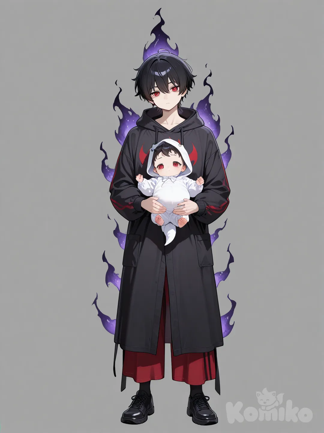 1 bébé qui vient de naître, il a des cheveux noir des yeux rouge et une lueur noir émane de lui , full body, day, head tilt, expressionless