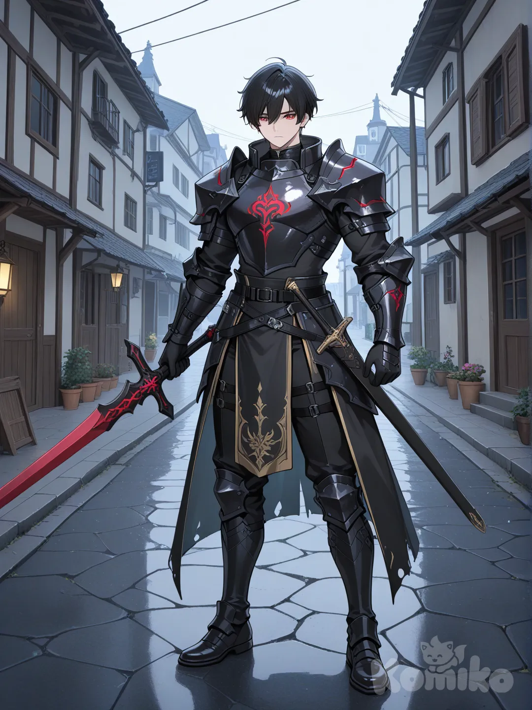 1boy, au cheveux noir et au yeux rouge soleil; il porte une armure noir et blanc, full body, day, village, holding sword, expressionless