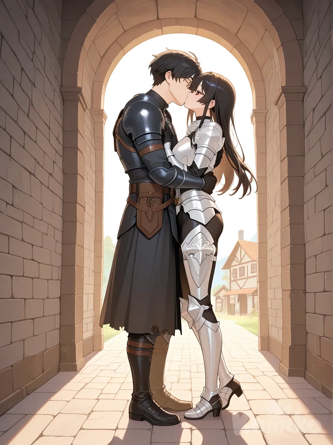 KomikoAI (30)1boy, au cheveux noir et au yeux rouge soleil; il porte une armure noir et blanc, full body, day, village, expressionless, kissing, hugging