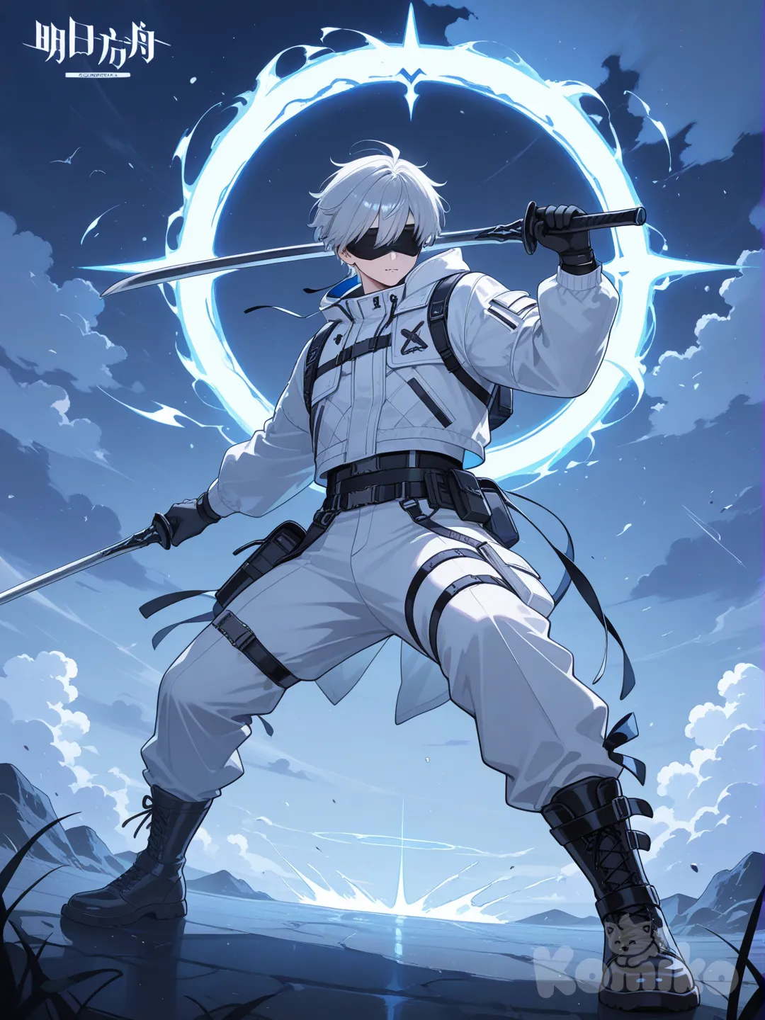 1boy, au cheveux argenté, au yeux bandé par un bandeau noir, il tient des épées jumelles à courte lames, full body, day, cloud, il a des portail dimensionnel blanc au tour de lui , outdoor adventure jacket white, suit pants blanc