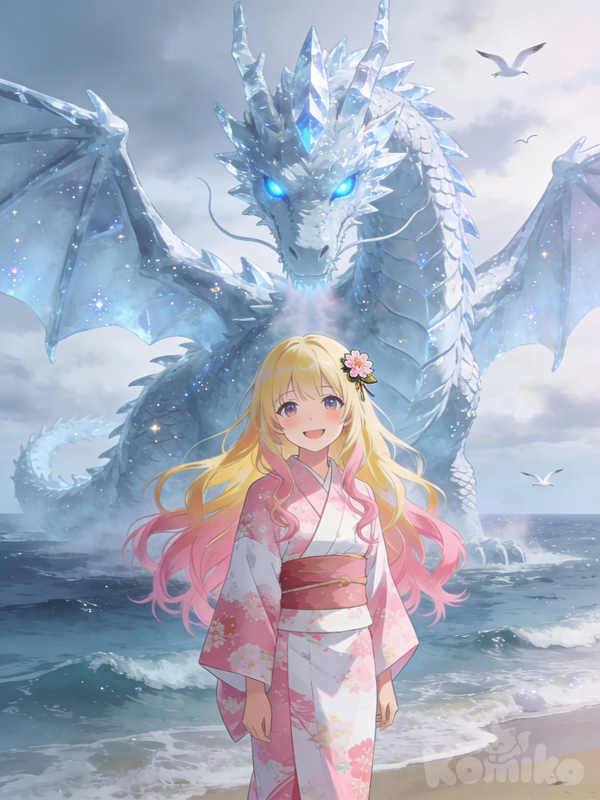 1girl, portant un yukata rose blanc, hairpin, blonde hair, rose hair, full body, day, cloud, ocean, smile; elle a un géant dragon de glace derrière elle