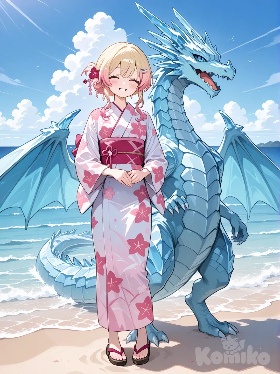 1girl, portant un yukata rose blanc, hairpin, blonde hair, elle a des cheveux rose, full body, day, cloud, ocean, smile; elle a un géant dragon de glace derrière elle