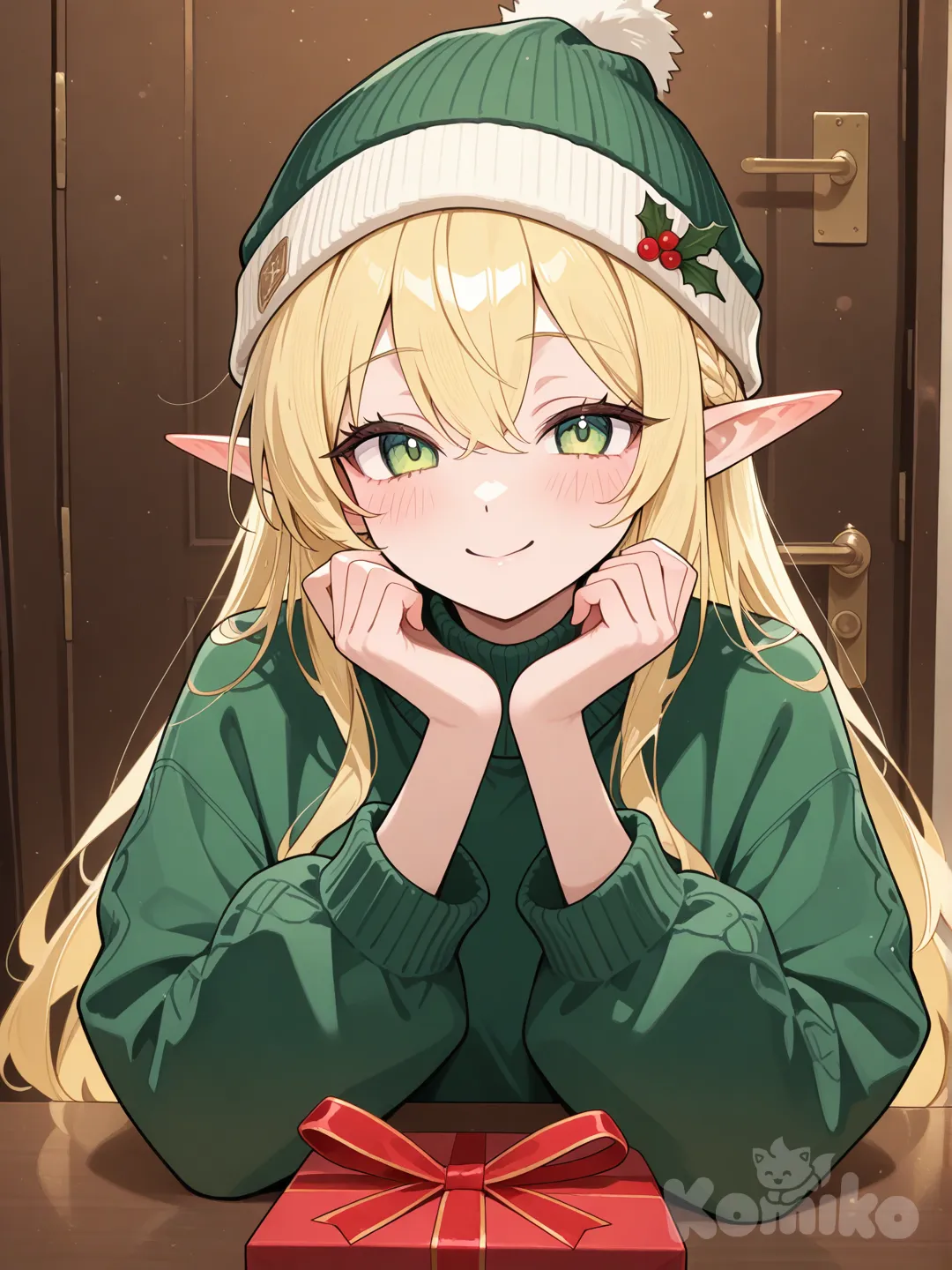female santa elf with green sweater and beanie hat