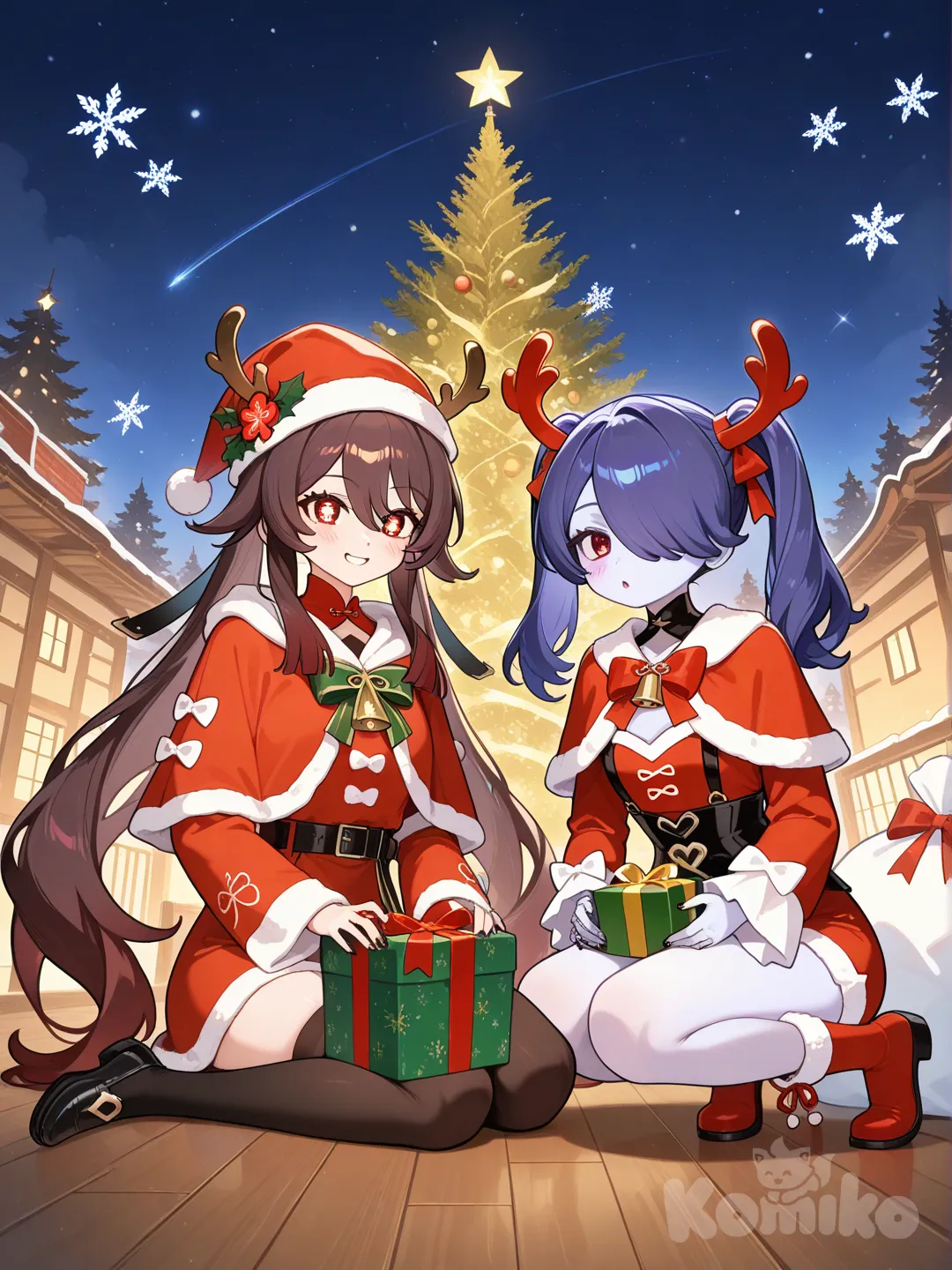 Hu Tao y Squigly en navidad