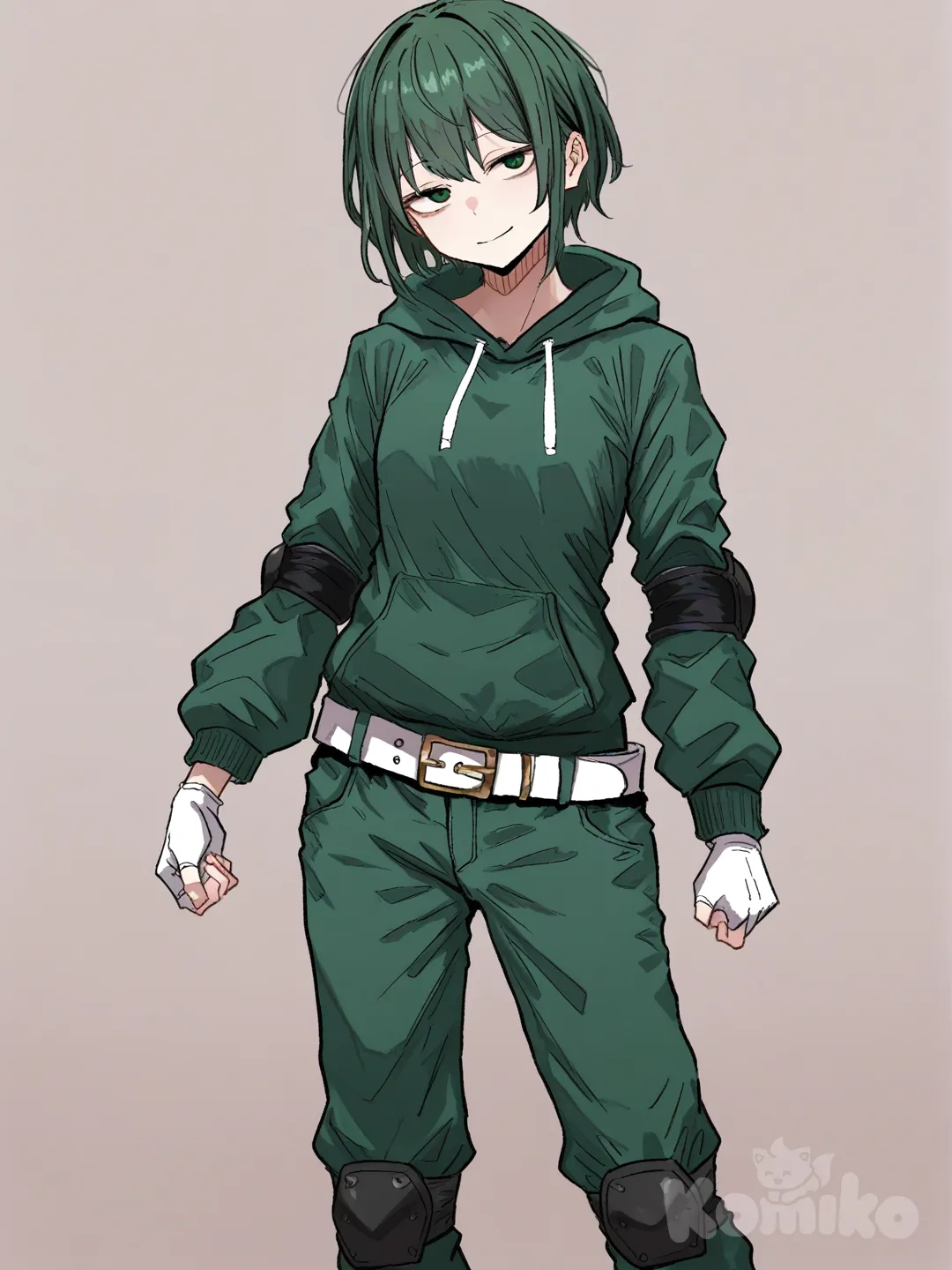 1 female, scrawny, tall, short dark green hair, dark green eyes, pale skin, small breasts, Dark green hoodie with long sleeves, White fingerless gloves and Black elbow pads, Dark green pants with black knee pads, White belt, 18 years, head tilt, clean background, smile, turning to the viewer, Facing the viewer, The character faces the viewer, [hentai-style]