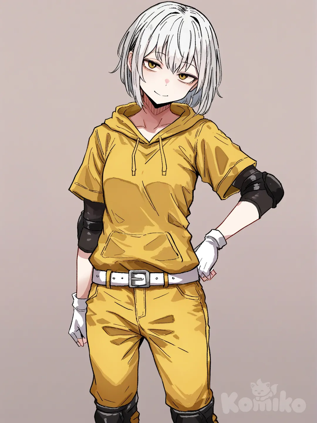 1 female, scrawny, tall, short white hair, yellow eyes, pale skin, small breasts, yellow hoodie with long sleeves, White fingerless gloves, Black elbow pads, yellow pants with black knee pads, White belt, 18 years, head tilt, clean background, smile, turning to the viewer, Facing the viewer, The character faces the viewer, [hentai-style]