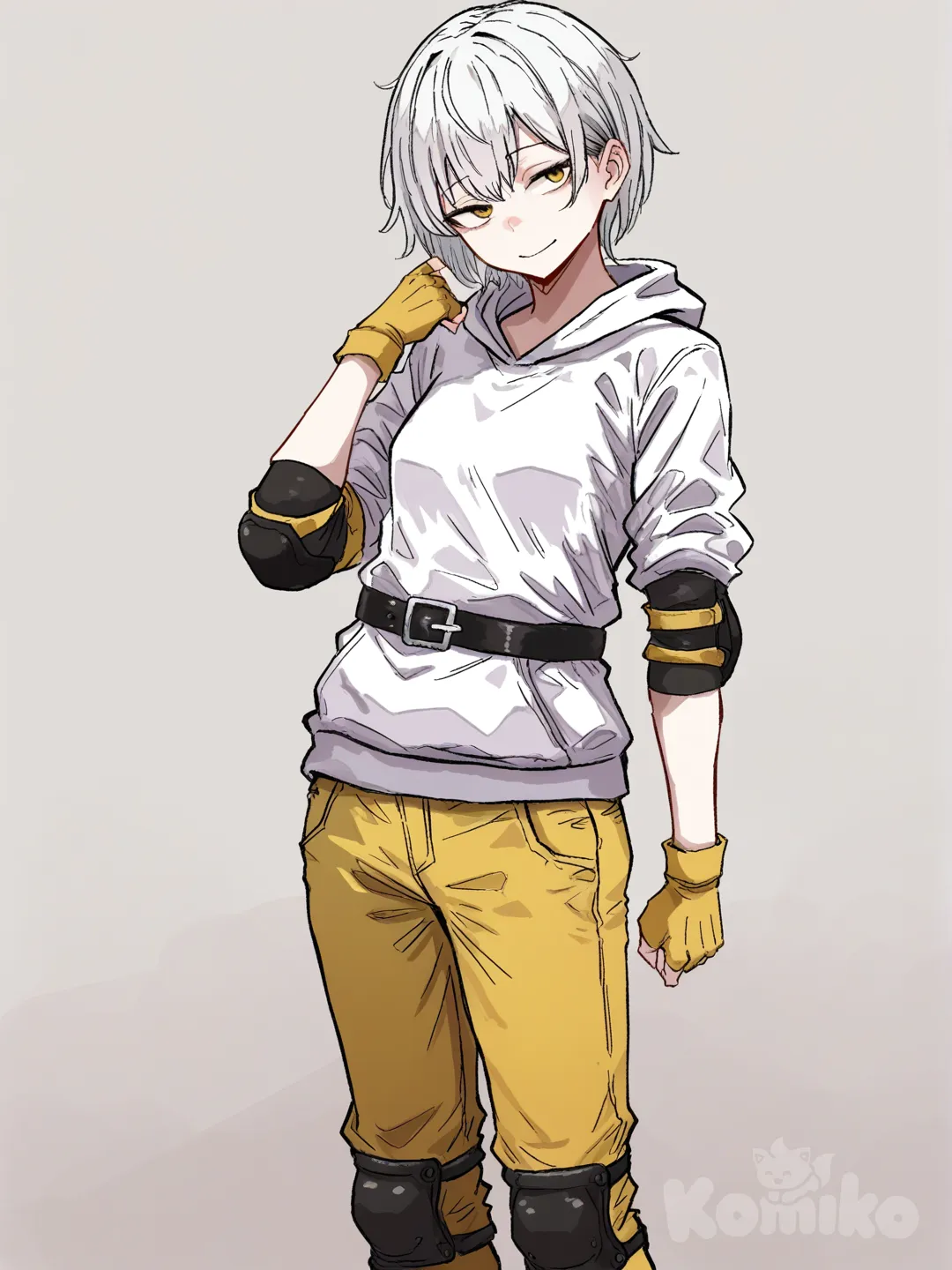 1 female, scrawny, tall, short white hair, yellow eyes, pale skin, small breasts, white hoodie with long sleeves, yellow fingerless gloves, Black elbow pads, yellow pants with black knee pads, black belt, 18 years, head tilt, clean background, smile, turning to the viewer, Facing the viewer, The character faces the viewer, [hentai-style]
