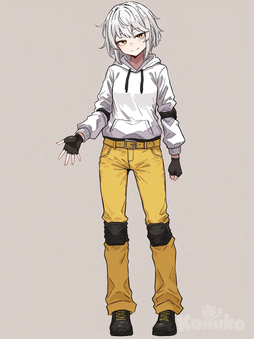 1 female, scrawny, tall, short white hair, yellow eyes, pale skin, small breasts, white hoodie with long sleeves, yellow fingerless gloves, Black elbow pads, yellow pants with black knee pads, yellow belt, 18 years, head tilt, clean background, smile, turning to the viewer, Facing the viewer, The character faces the viewer, [hentai-style]