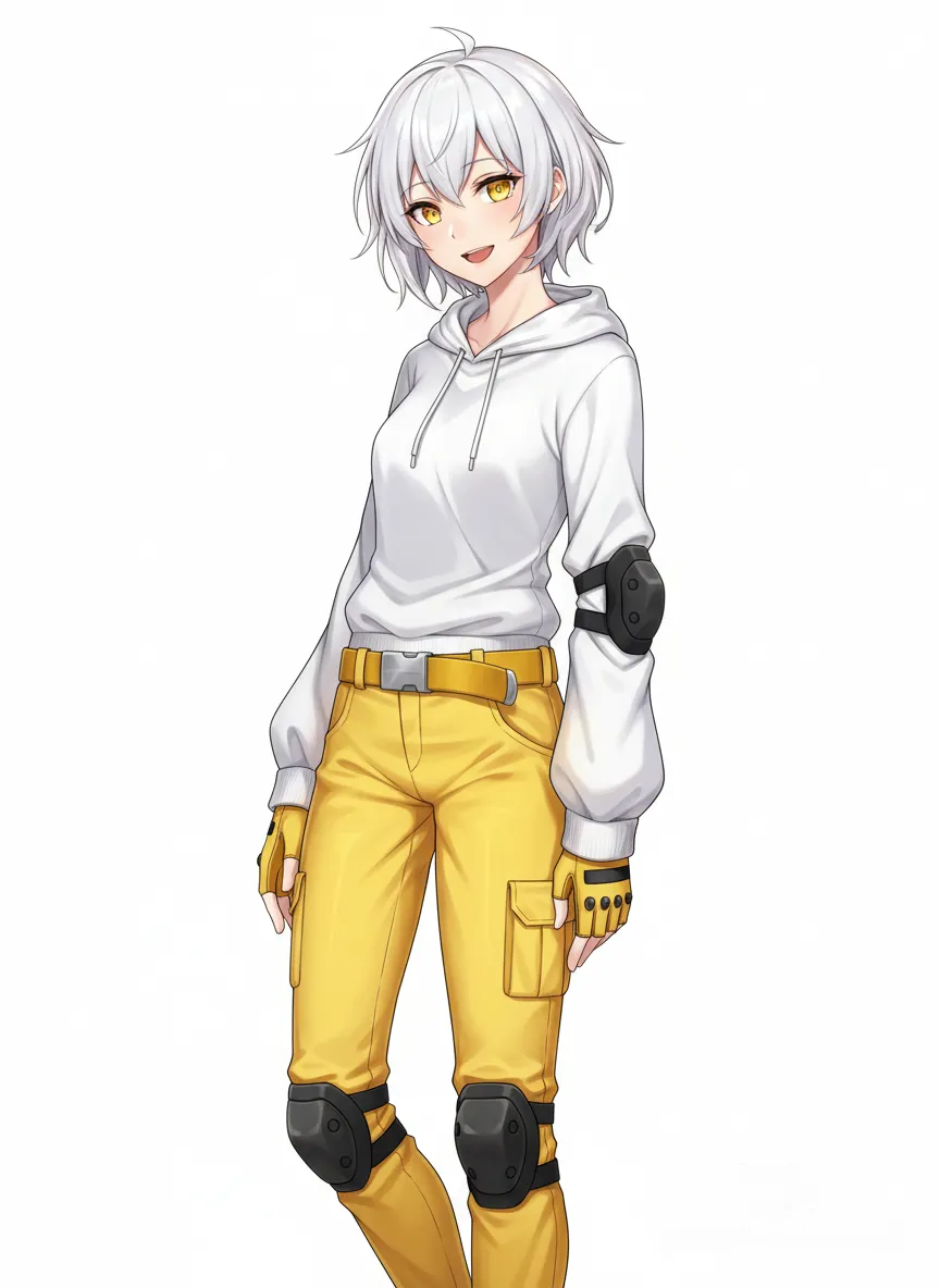 1 female, scrawny, tall, short white hair, yellow eyes, pale skin, small breasts, white hoodie with long sleeves, yellow fingerless gloves, Black elbow pads, yellow pants with black knee pads, yellow belt, 18 years, head tilt, clean background, smile, turning to the viewer, Facing the viewer, The character faces the viewer, [hentai-style], anime style