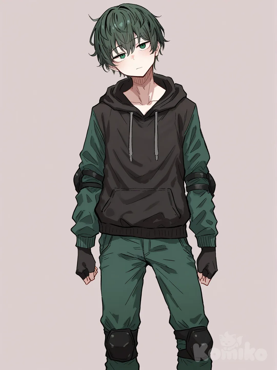 1 male, scrawny, tall, short dark green hair, dark green eyes, pale skin, black hoodie with long dark green sleeves, black fingerless gloves, Black elbow pads, Dark green pants with black knee pads, 18 years, clean background, turning to the viewer, Facing the viewer, The character faces the viewer, [hentai-style], expressionless, blush, portrait, head tilt