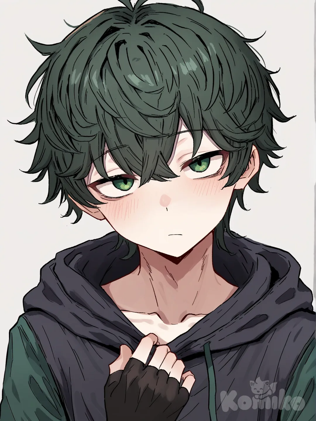 1 male, scrawny, tall, short dark green hair, dark green eyes, pale skin, black hoodie with long dark green sleeves, black fingerless gloves, Black elbow pads, Dark green pants with black knee pads, 18 years, clean background, turning to the viewer, Facing the viewer, The character faces the viewer, [hentai-style], expressionless, blush, head tilt, upper body, front profile photo