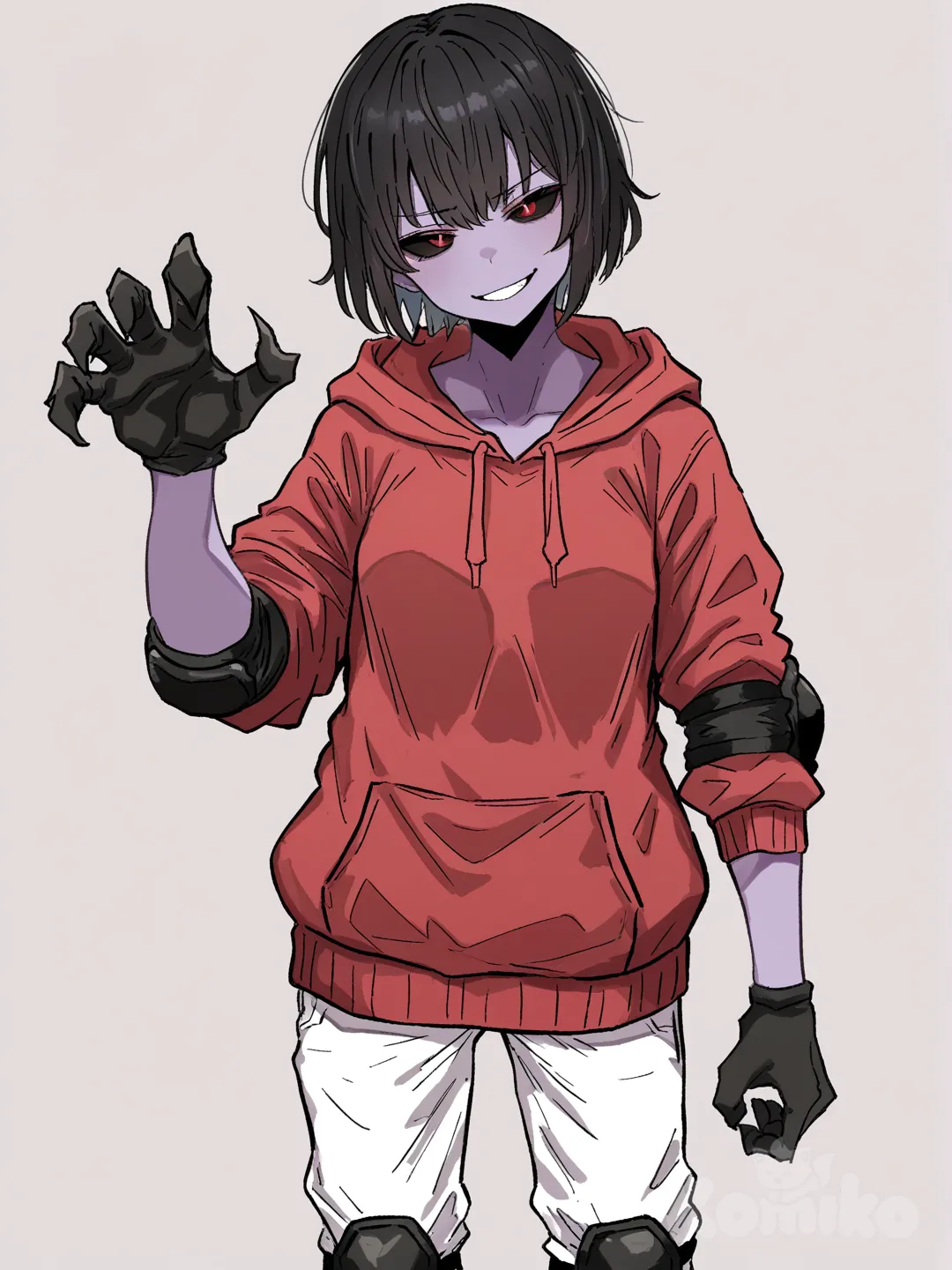 1 female, scrawny, tall, small breasts, short black hair, red eyes, black sclera, dark purple skin, red hoodie with long sleeves, Black fingers with claws, Black elbow pads, white pants, black knee pads, 18 years, head tilt, clean background, Facing the viewer, The character faces the viewer, evil smile, [hentai-style], portrait, looking at viewer, v sign