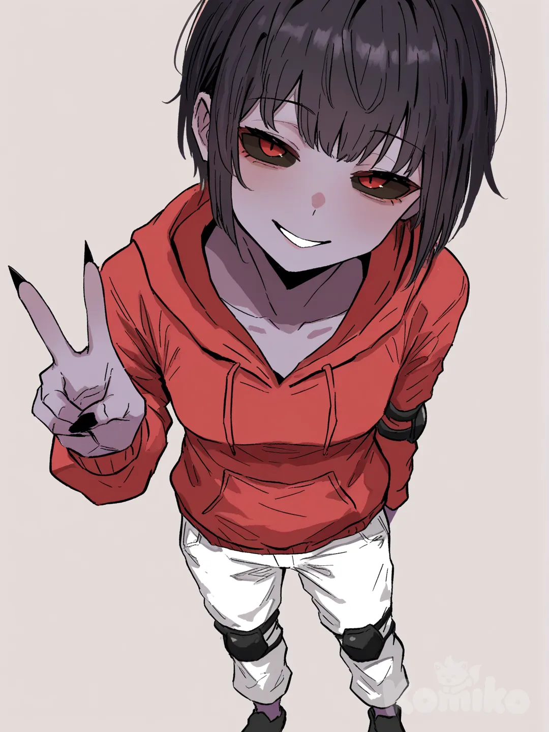 1 female, scrawny, tall, small breasts, short black hair, red eyes, black sclera, dark purple skin, red hoodie with long sleeves, Black fingers with claws, no gloves, Black elbow pads, white pants, black knee pads, 18 years, head tilt, clean background, Facing the viewer, The character faces the viewer, evil smile, [hentai-style], portrait, looking at viewer, v sign, View from the top
