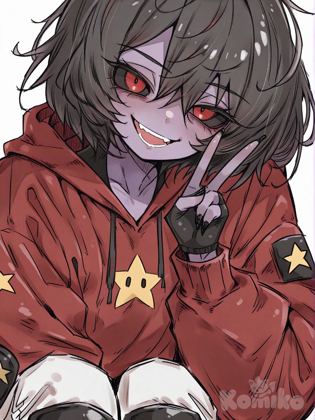 1 female, scrawny, tall, small breasts, short black hair, red eyes, black sclera, dark purple skin, red hoodie with long sleeves, Black fingers with claws, no gloves, Black elbow pads, white pants, black knee pads, 18 years, head tilt, clean background, Facing the viewer, The character faces the viewer, evil smile, portrait, looking at viewer, v sign, [soft-wash-sketch-style]