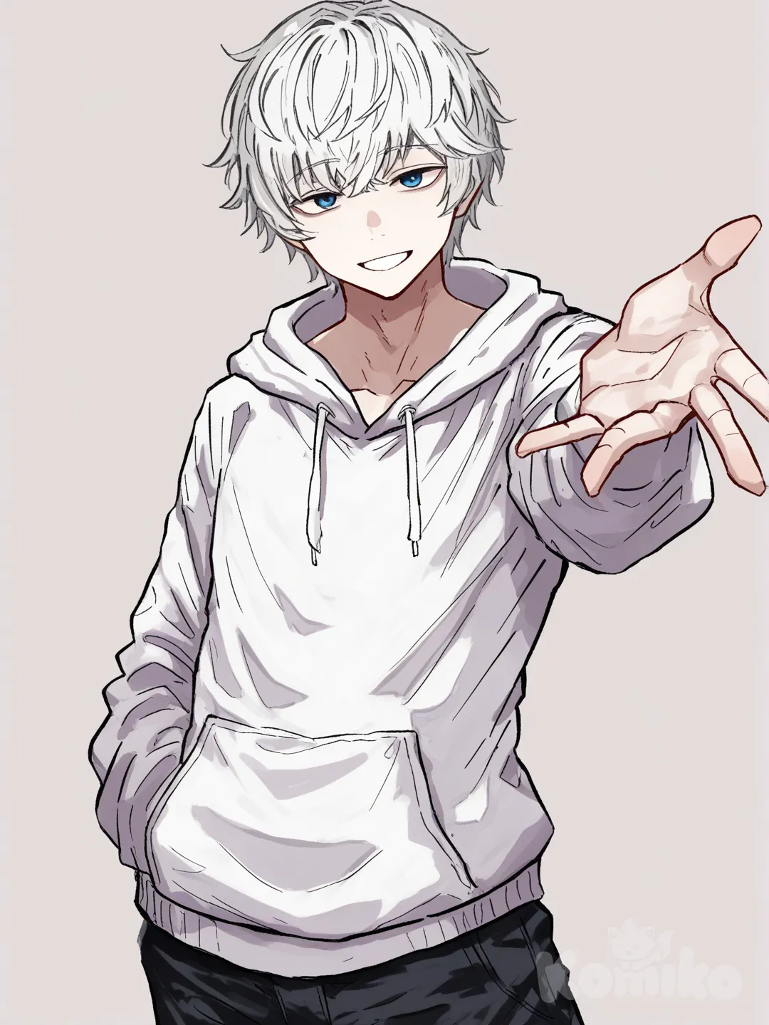 1 male, scrawny, tall, short white hair, blue eyes, pale skin, white hoodie, black pants, 18 years, clean background, Facing the viewer, The character faces the viewer, [hentai-style], smile, extends his hand to the viewer palm up