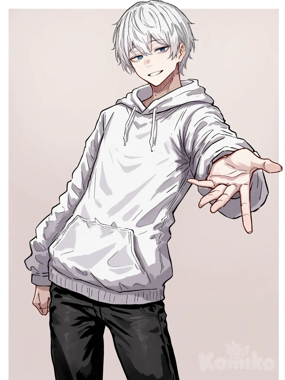 1 male, scrawny, tall, short white hair, blue eyes, pale skin, white hoodie, black pants, 18 years, clean background, Facing the viewer, The character faces the viewer, [hentai-style], smile, extends his hand to the viewer palm up