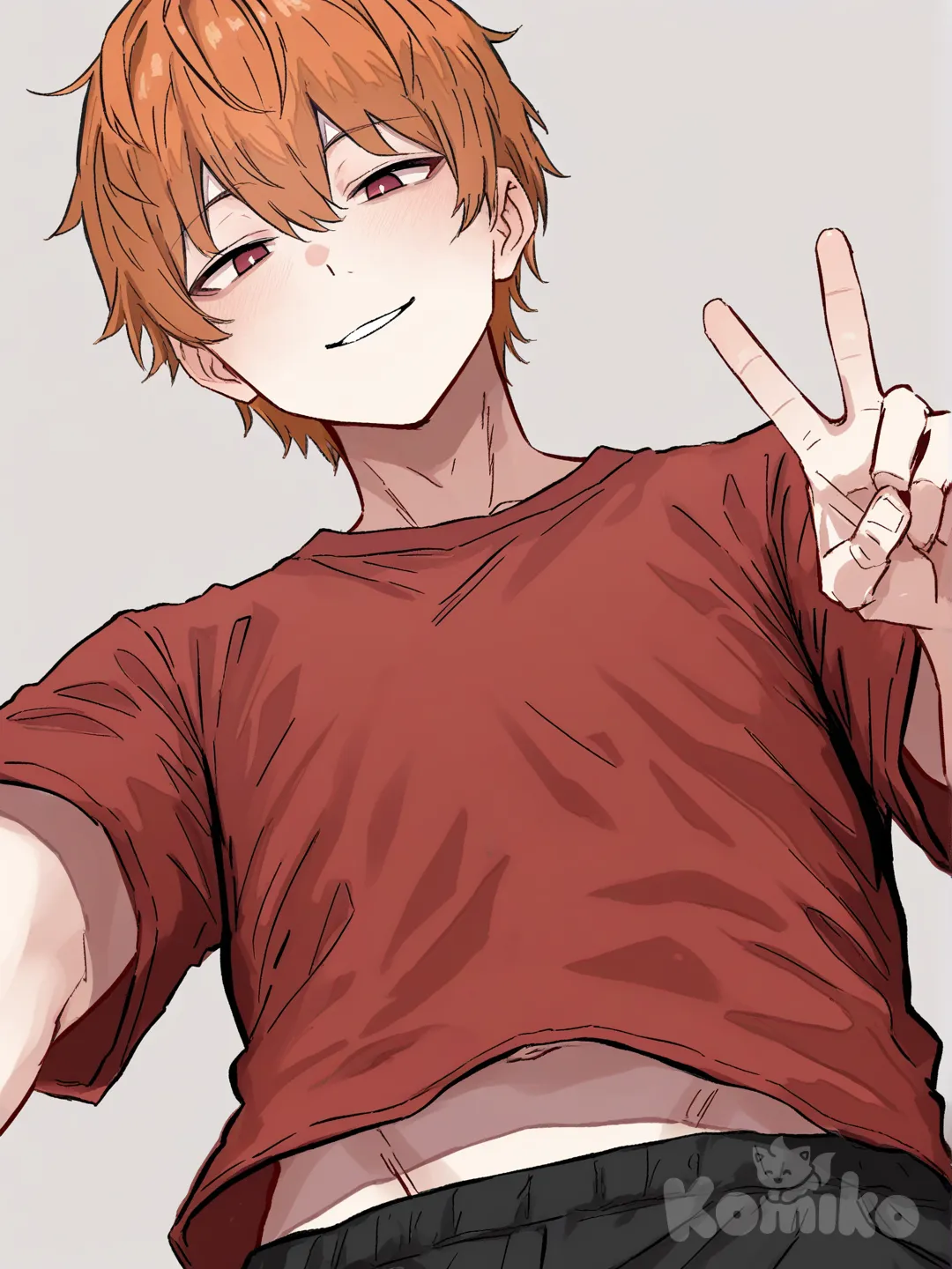 1 male, athletic body, teenager, tall, short orange hair, light red eyes, pale skin, red t-shirt, Black sport pants, 18 years, clean background, Facing the viewer, [hentai-style], v sign, smile, upper body, from below