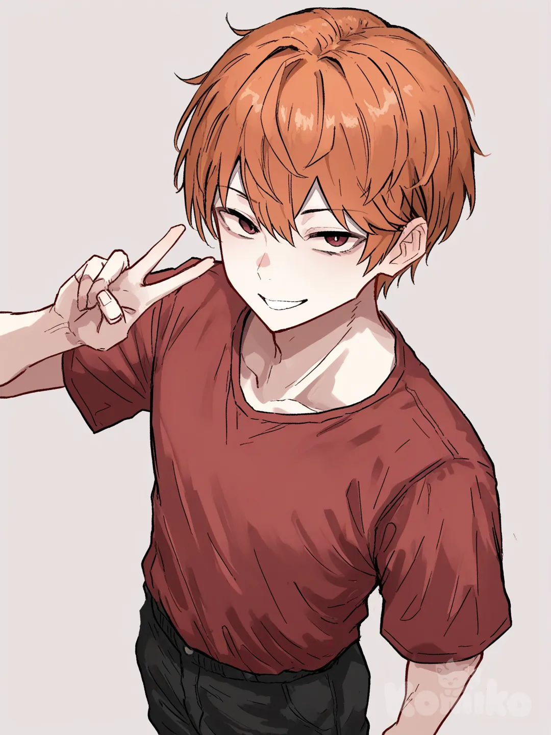 1 male, athletic body, teenager, tall, short orange hair, light red eyes, pale skin, red t-shirt, Black sport pants, 18 years, clean background, Facing the viewer, [hentai-style], v sign, smile, upper body, from above