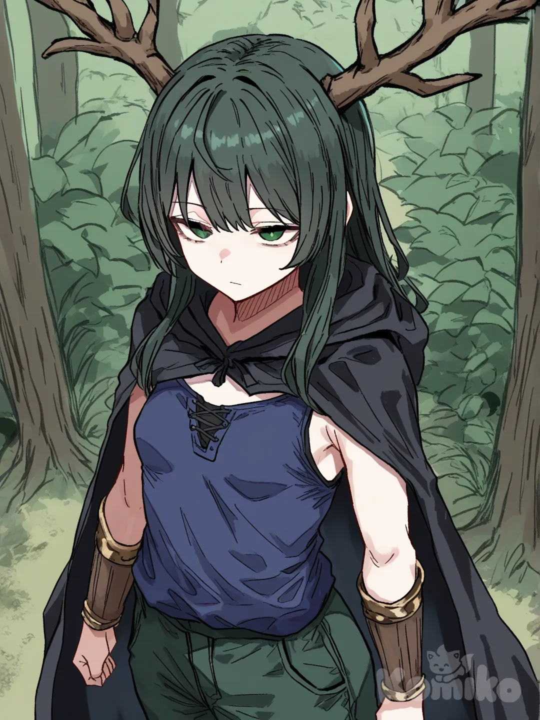 1 female, athletic body, teenager, tall, Wooden deer antlers on the head, long dark green hair, dark green eyes, pale skin, small breasts, black cloak with hood, wooden Bracers, Dark blue t-shirt with no sleeves, dark green pants, [hentai-style], expressionless, upper body, forest, from above
