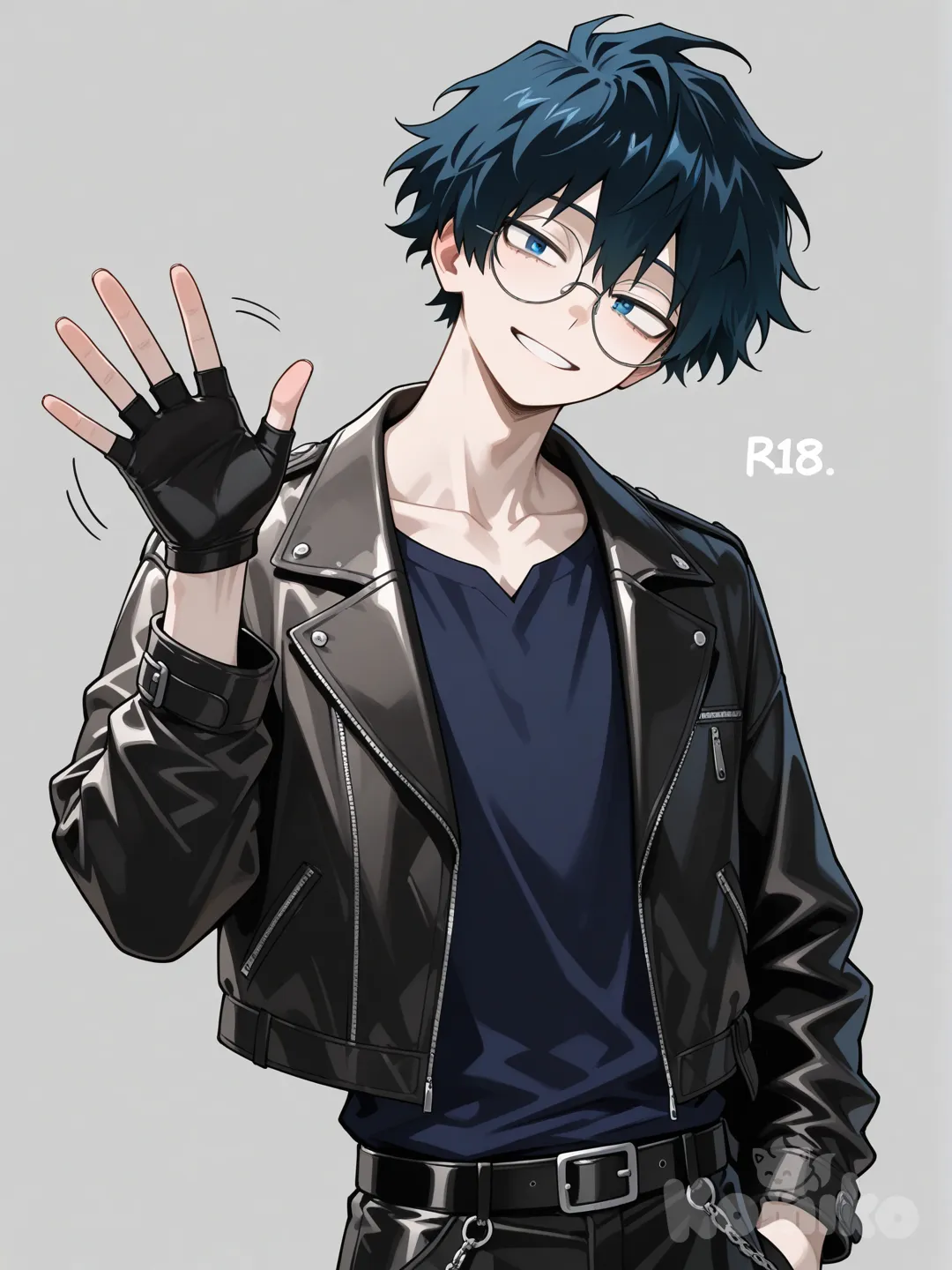 1 male, scrawny, tall, short dark blue hair, Blue eyes, pale skin, Dark blue t-shirt, black Leather jacket, black pants, Blue fingerless gloves, head tilt, clean background, Facing the viewer, The character faces the viewer, smile, Round glasses, my hero Academia, upper body, waving