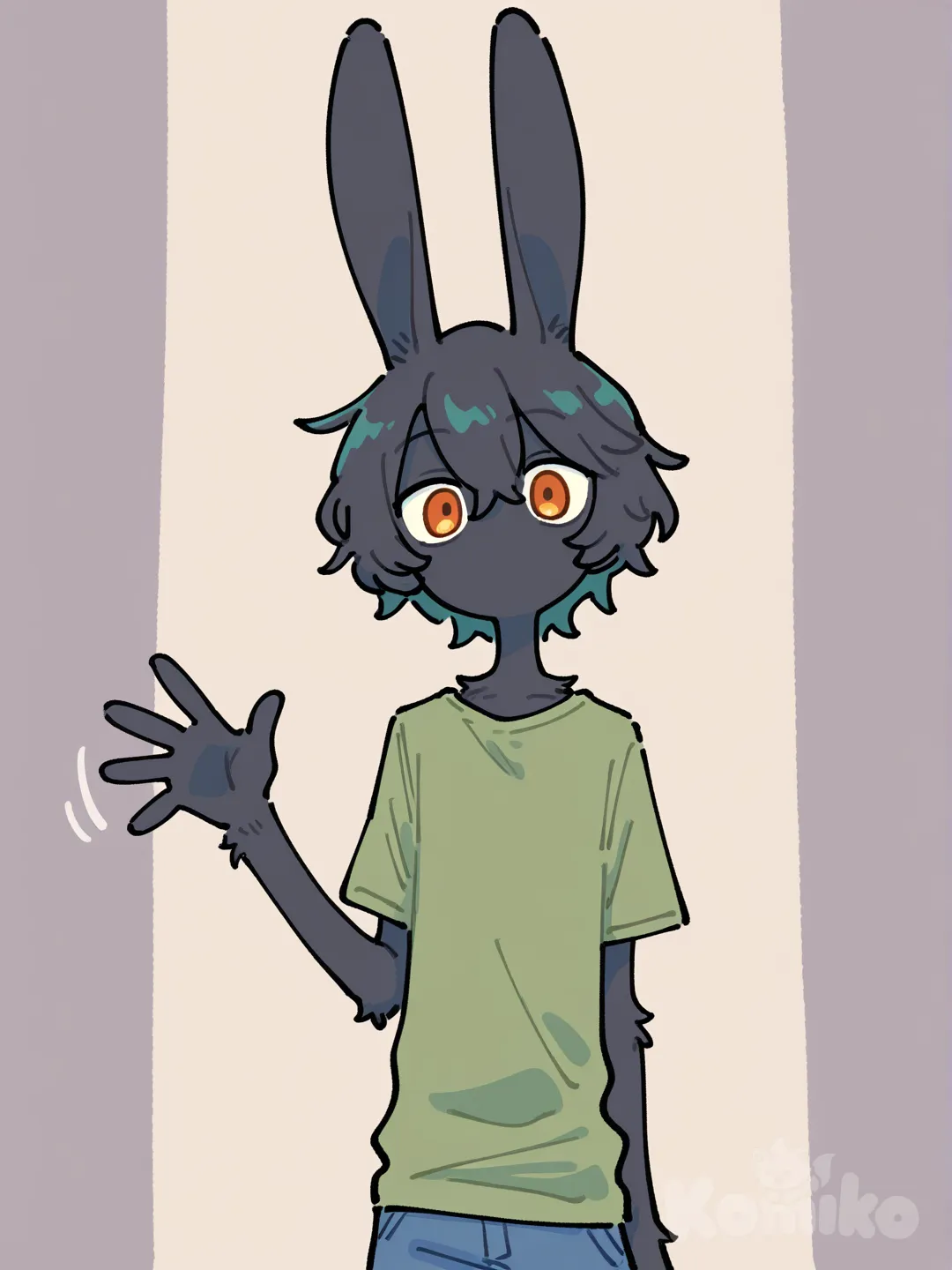 1boy, scrawny, anthropomorph character, bunny, short dark black hair, long dark black bunny ears, dark black fur on all skin, no mounth, orange eyes, dark green T-shirt, dark blue shorts, waving, [flat-pastel-style], portrait, upper body