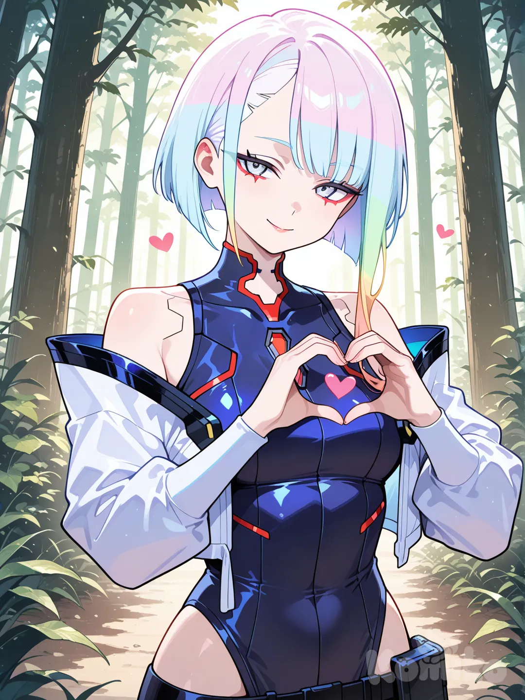 lucy cyberpunk, winking, heart hands, looking at viewer, forest