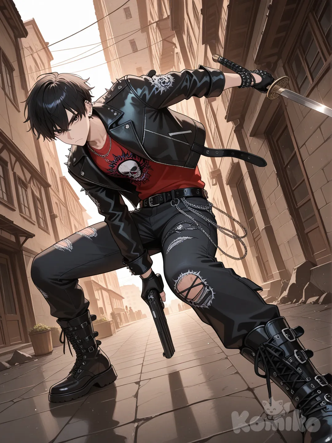 1boy, holding gun, holding sword, punk leather jacket