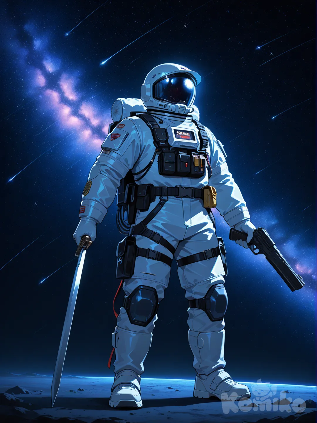 1boy, holding gun, holding sword, spacecosmic background, spacesuit