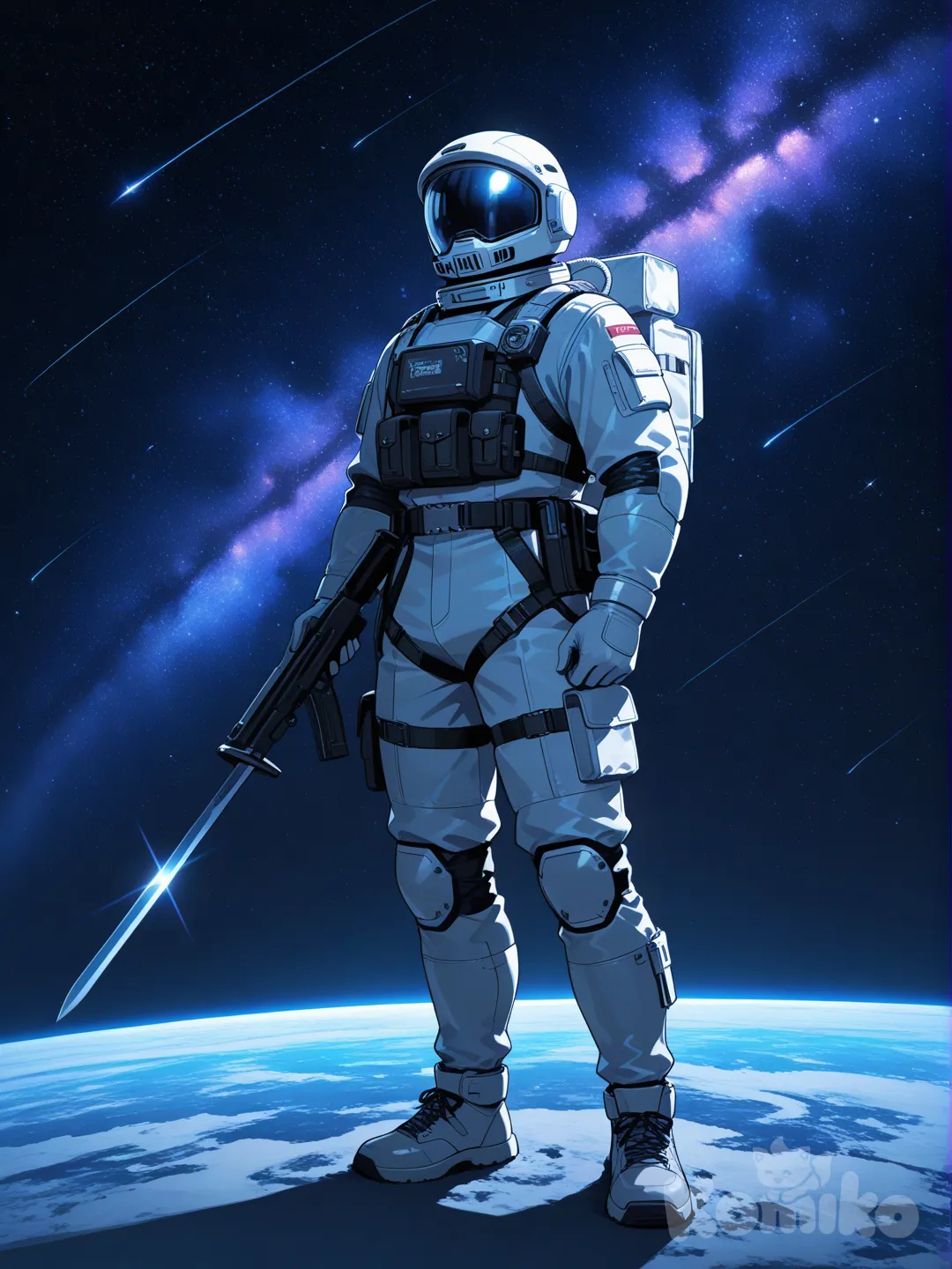 1boy, holding sword, holding gun, spacesuit, cosmic background