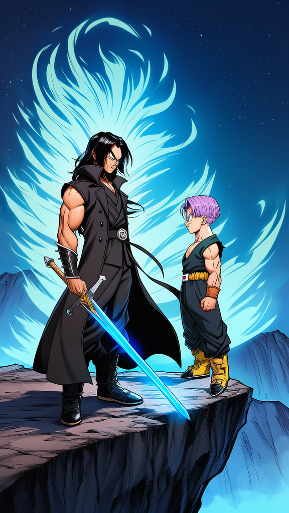 @chronic-master-of-illusion-Efiq has a staredown with, @Trunks_(Dragon_Ball) across a, cliff, night