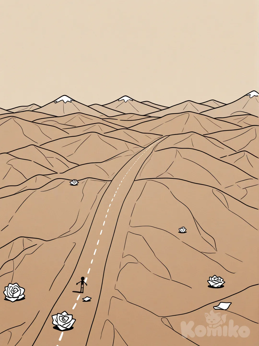 Stickman choosing between two paths, one easy flat path, one steep uphill path, mountains, motivational, minimalistic line art, crumpled brown paper background"