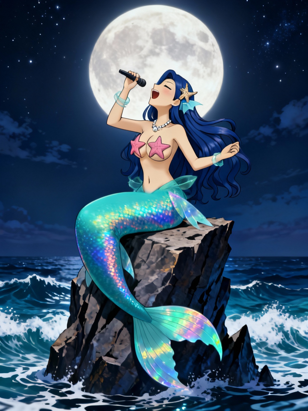 1girl, seductive pose, teasing smile, anime_style, colorful hair, ultra-<silver-nerida-aqua-silvernaqua-bpev> mermaid, mermaid tail, head fins, sitting on a rock, ocean, night, full moon, full body, singing, raised head, starfish bikini, fins, anime coloring