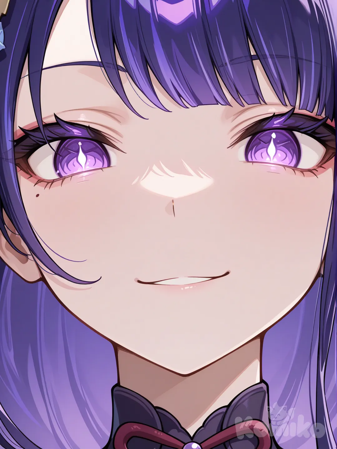 @Raiden_Shogun faça um icon de perfil dessa personagem, do ombro para cima com uma expressão ousada, focando um leve zoom em um dos olhos