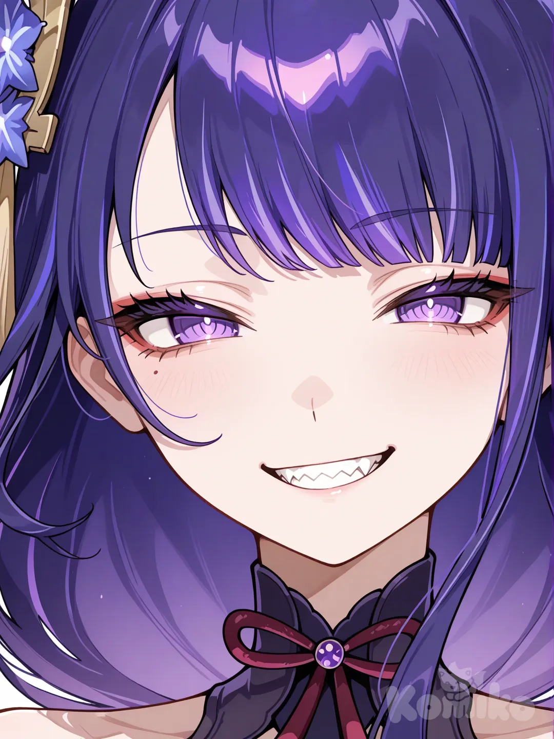 @Raiden_Shogun faça um icon de perfil dessa personagem, do ombro para cima com uma expressão ousada olhos meio entreabertos e sorriso com pressas, focando um leve zoom em um dos olhos