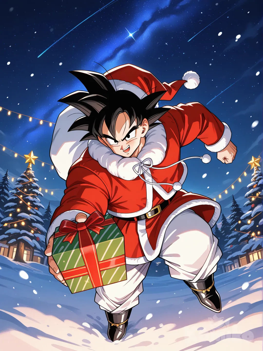 Goku from Dragon Ball in Santa clothes spreading gifts at christians night