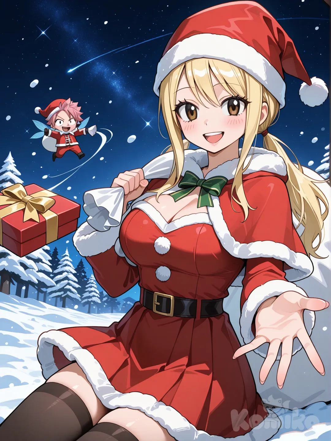 Natsu Dragneel and Lucy Heartfilia from Fairy tail wearing Santa clothes spreading gifts at christians night
