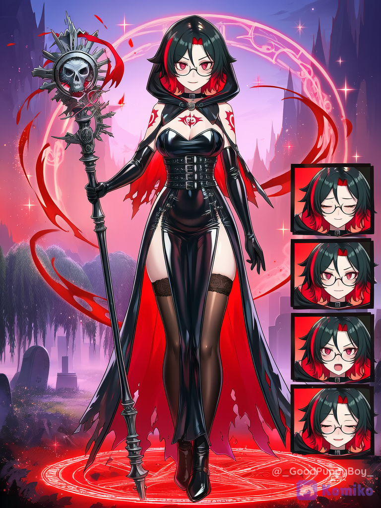 Full-body illustration of a sorceress (@pandora-malice-J1p1 ) in a tattered, floor-length crimson and deep red gothic gown with ripped fabrics and lace panels. She wears a hooded cloak, a black leather under-corset with bone-shaped buckles, and intricate chain details. An elaborate crow skull emblem with gears sits on her chest. She holds a gnarled black staff topped with an ornate silver crown skull head. Powerful crimson blood magic surrounds her and a glowing rune pentagram circle under her in a misty, haunted graveyard with weeping willows and headstones at twilight. Character details: short black hair with bright red streaks, red eyes, wire-frame glasses, confident smile, Ouroboros tattoo on breastplate above her chest. looking at viewer, high contrast, extremely aesthetic, resolution, composition, ultra highest quality, glitter particles everywhere, sparkling light effects, volumetric cinematic lighting, sparkling highlights, magical glitter ambience, background, intricate details, full body shot, wide angle view, anime-anime-style gothic anime illustration.