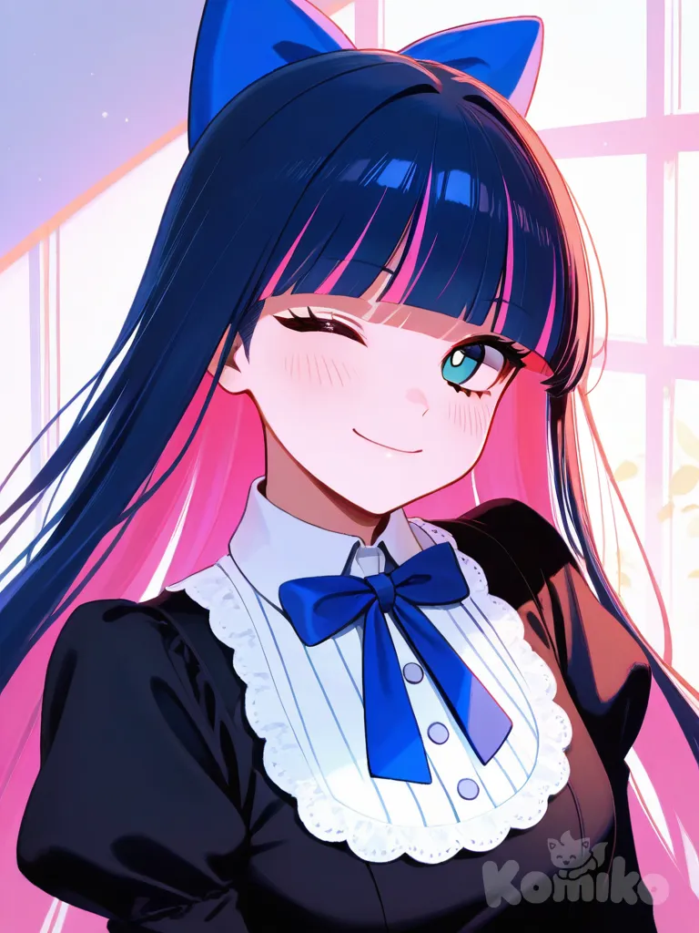 anime girl, cute expression, vibrant colors, anime art, stocking (psg), black dress, gothic lolita, wink