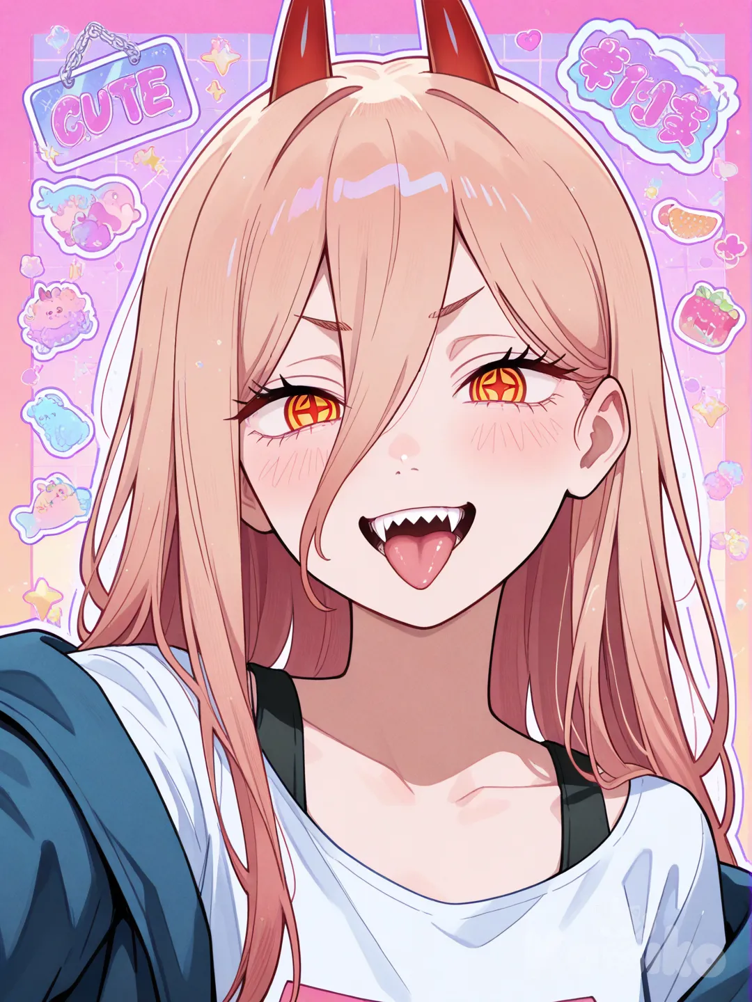 anime girl, cute expression, vibrant colors, anime art, power (chainsaw man), tongue out, :D, sharp teeth, sign of the horns, cute, kawaii